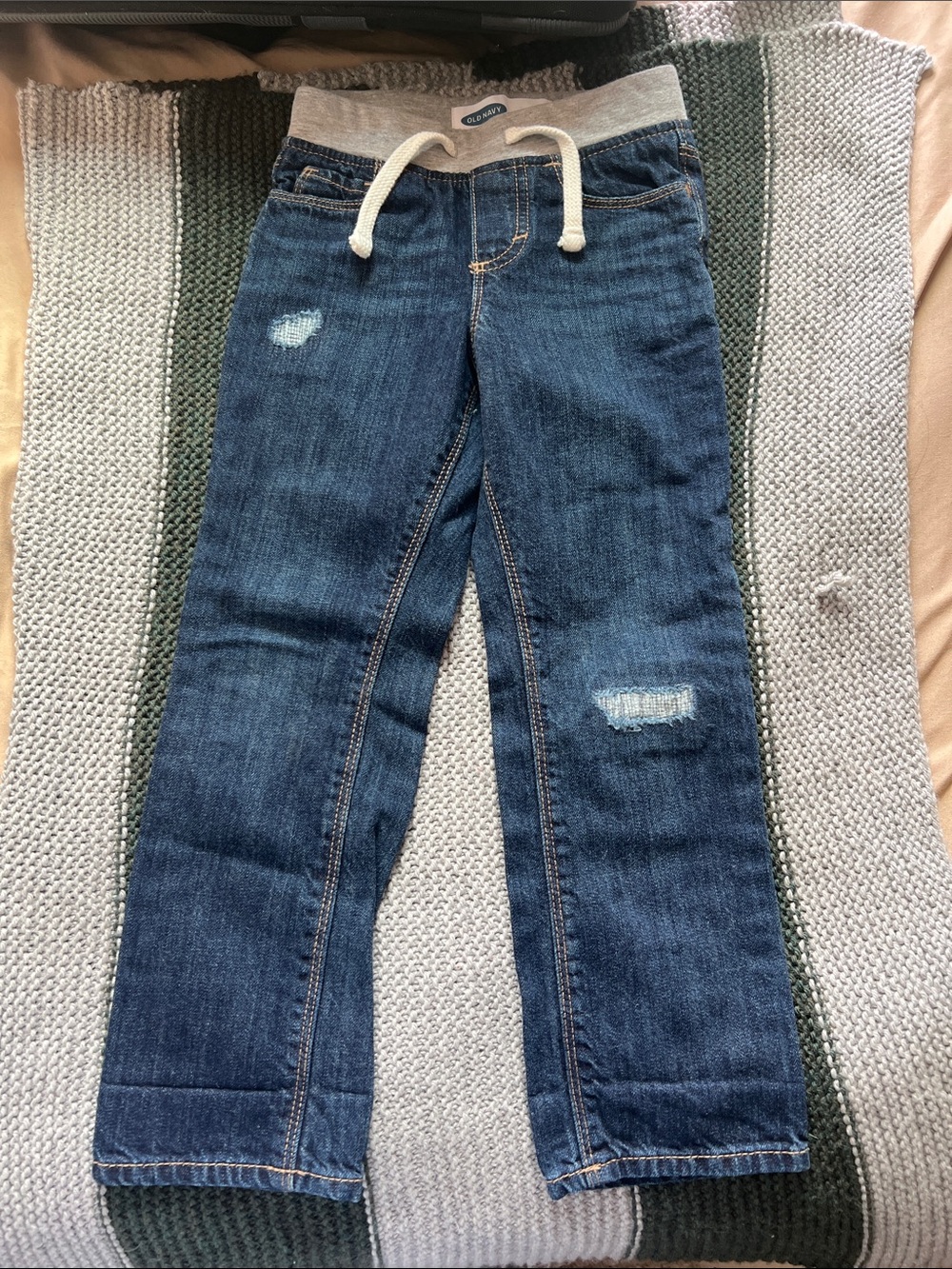 Old Navy Blue Jeans with Gray Knit Drawstring Waistband